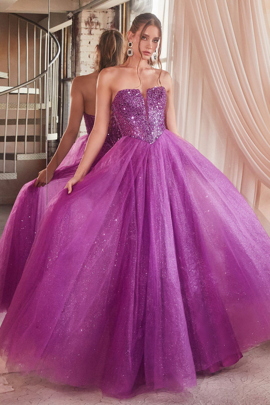 Ladivine CD727 Strapless Deep V-Neck Tulle Overlay Fitted Gown main image 0