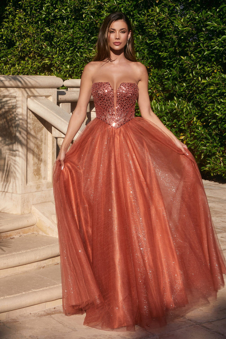 Embellished Strapless A-line Tulle Gown by Ladivine CD0217