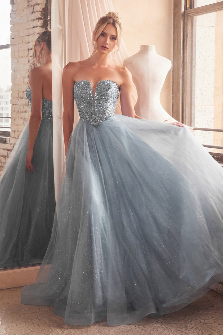 Embellished Strapless A-line Tulle Gown by Ladivine CD0217