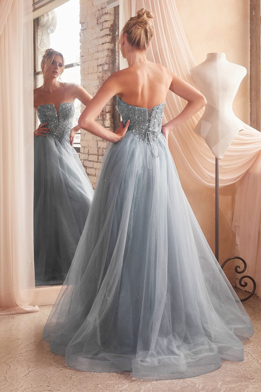 Ladivine CD852W Timeless A-Line Layered Tulle Long Sleeve Drape Wedding Gown