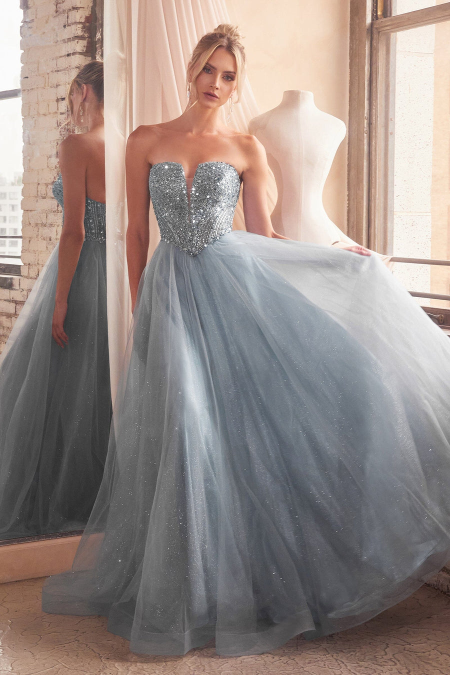 Long Sleeve Strapless Floral Off the Shoulder A-line Tulle Gown by Ladivine  CD962 - Special Occasion/Curves