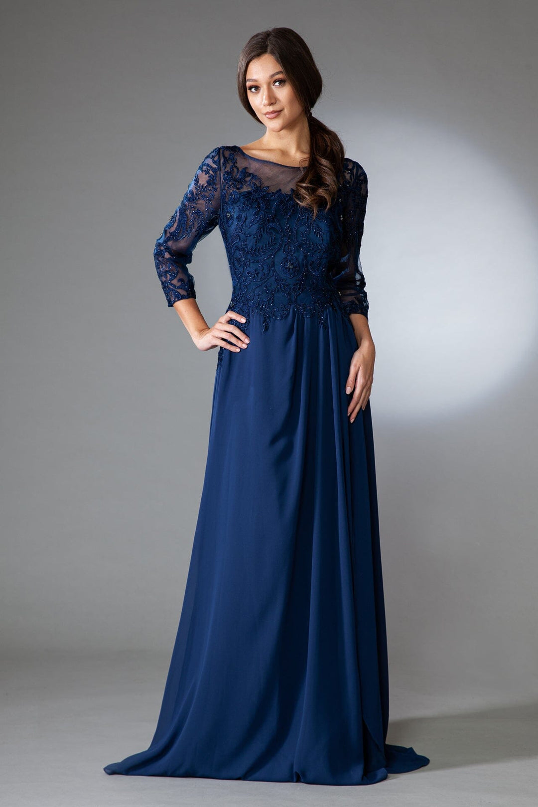 Embroidered 3/4 Sleeve Chiffon Gown by Amelia Couture 7043