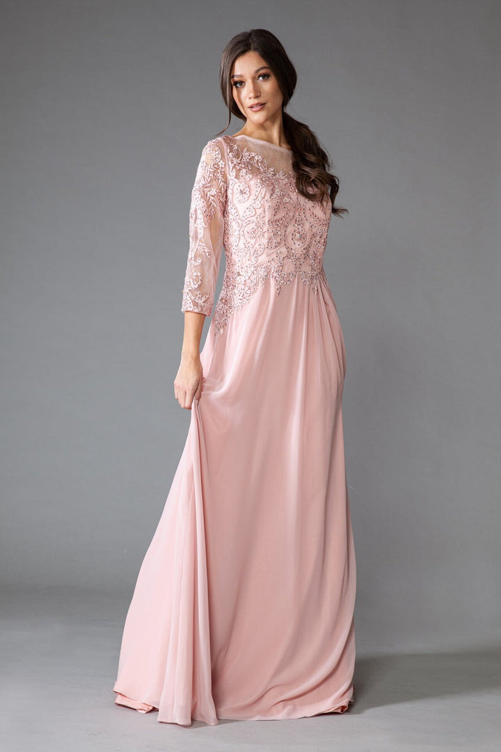 Embroidered 3/4 Sleeve Chiffon Gown by Amelia Couture 7043