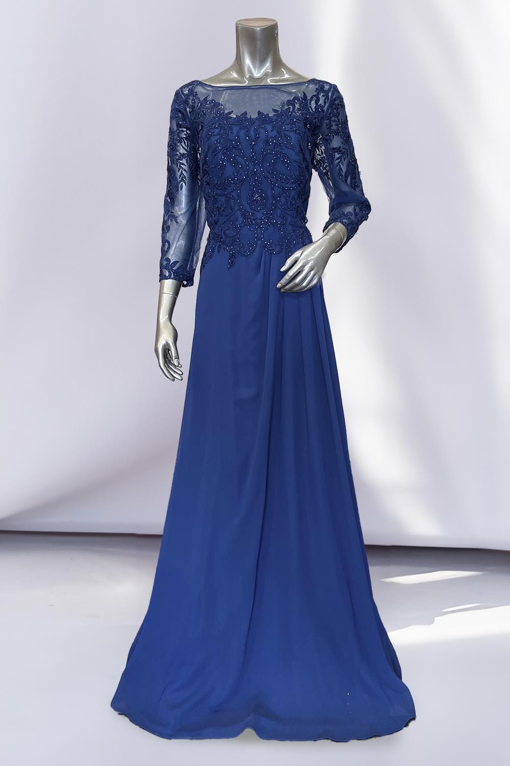 Embroidered 3/4 Sleeve Chiffon Gown by Amelia Couture 7043