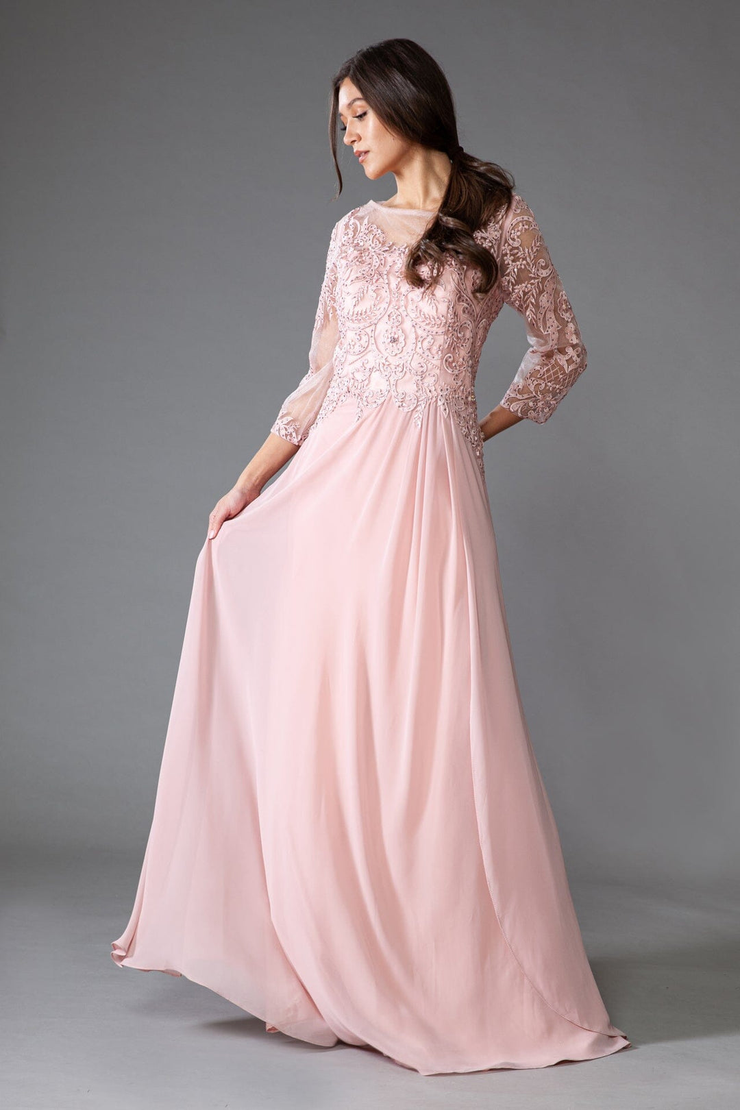 Embroidered 3/4 Sleeve Chiffon Gown by Amelia Couture 7043