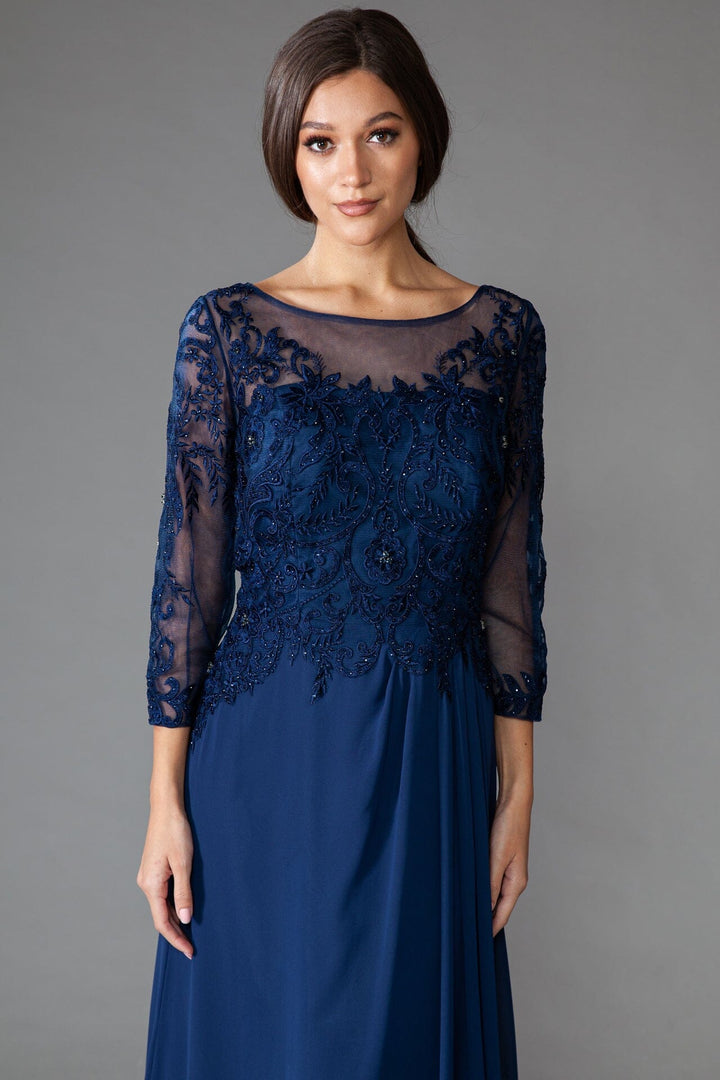 Embroidered 3/4 Sleeve Chiffon Gown by Amelia Couture 7043