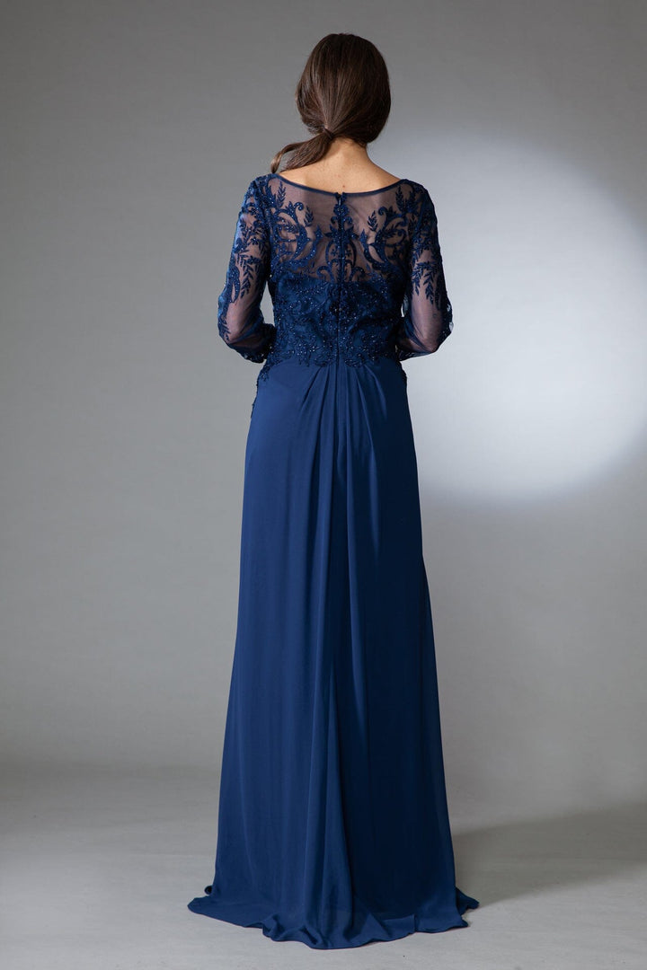 Embroidered 3/4 Sleeve Chiffon Gown by Amelia Couture 7043