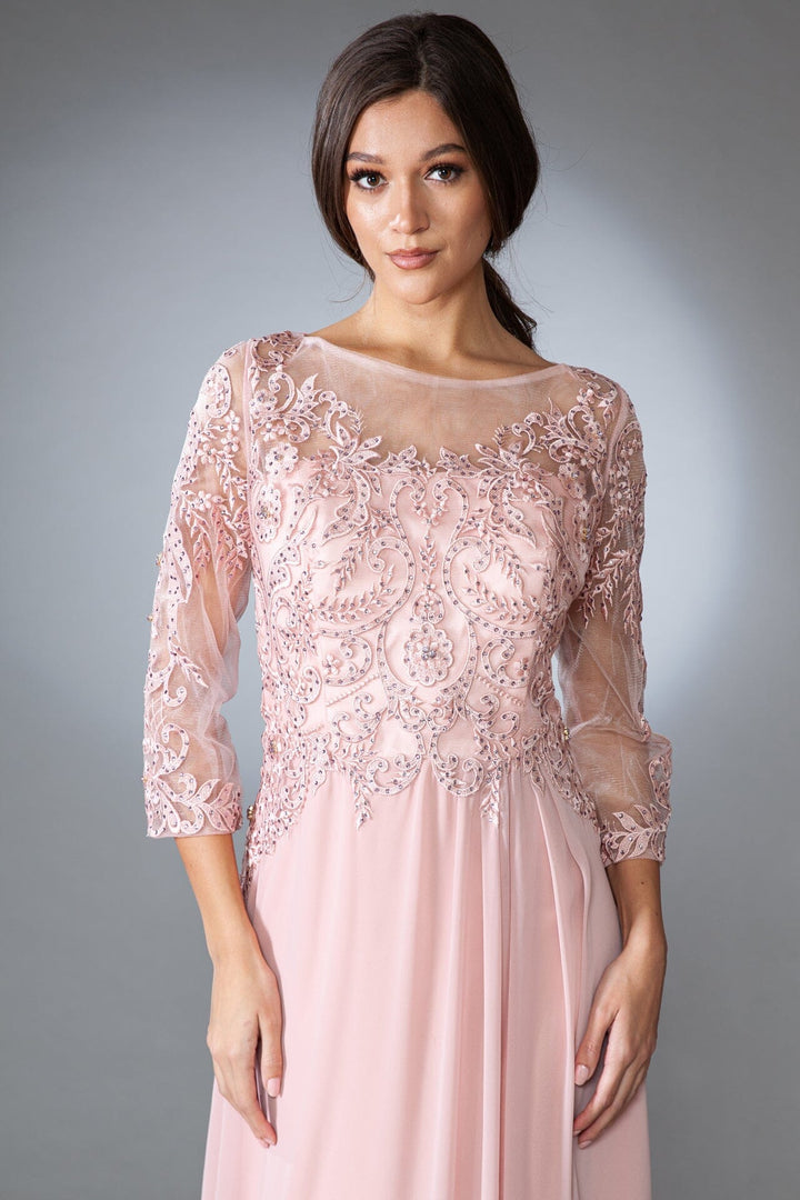 Embroidered 3/4 Sleeve Chiffon Gown by Amelia Couture 7043