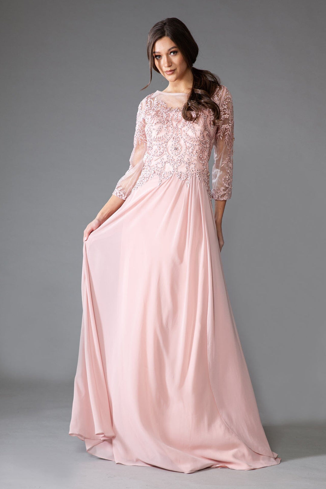 Embroidered 3/4 Sleeve Chiffon Gown by Amelia Couture 7043