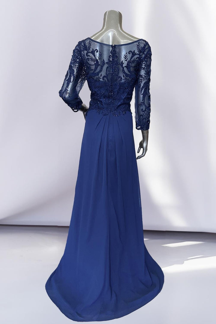 Embroidered 3/4 Sleeve Chiffon Gown by Amelia Couture 7043