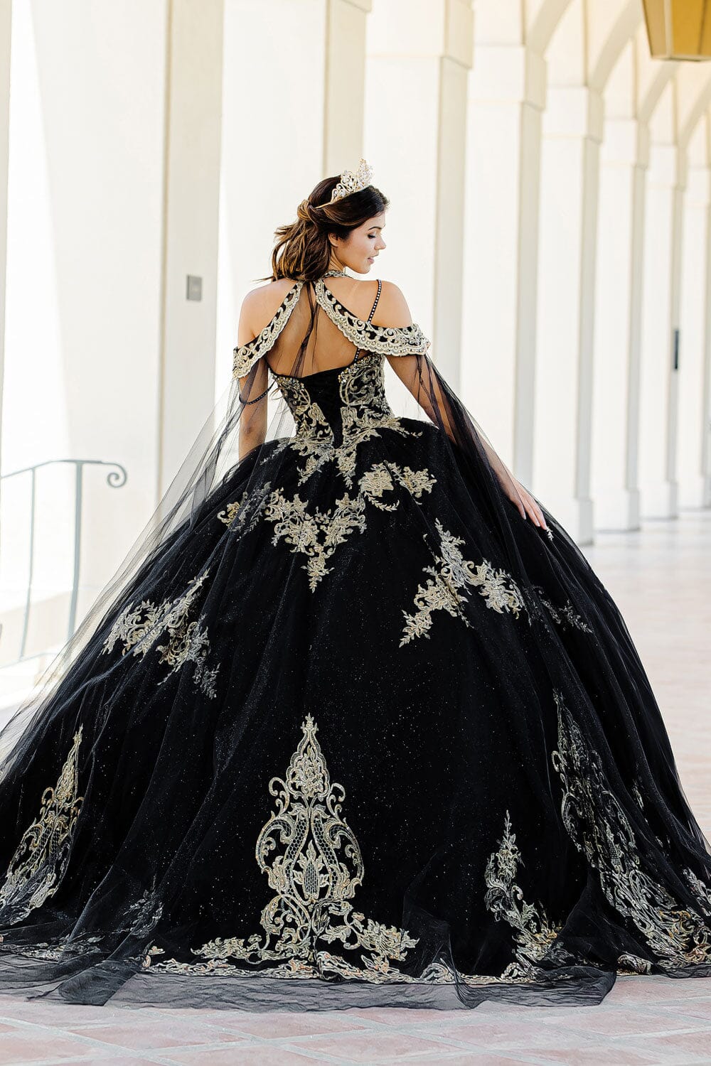 Embroidered Applique Cape Ball Gown by Petite Adele PQ1016
