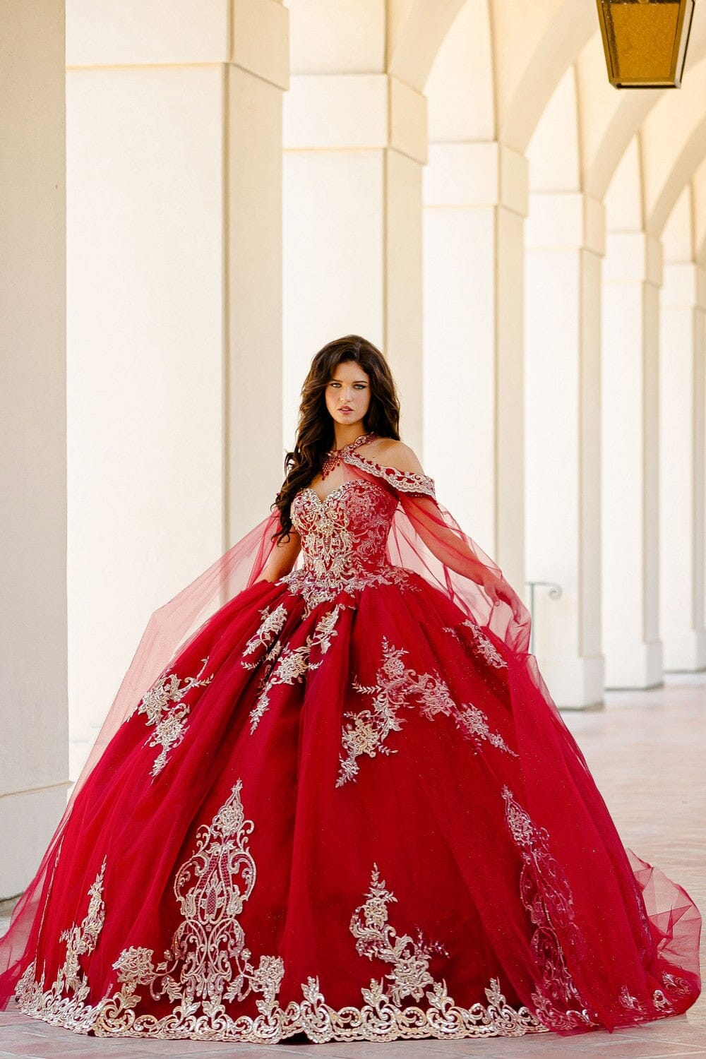 Embroidered Applique Cape Ball Gown by Petite Adele PQ1016