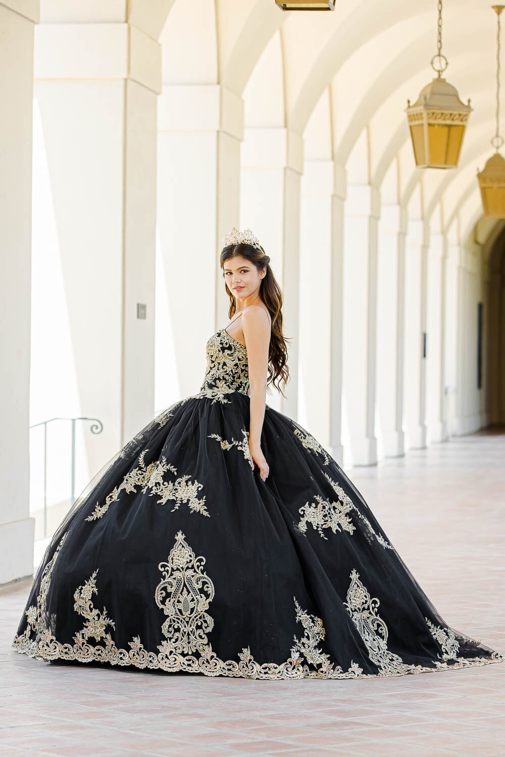 Embroidered Applique Cape Ball Gown by Petite Adele PQ1016