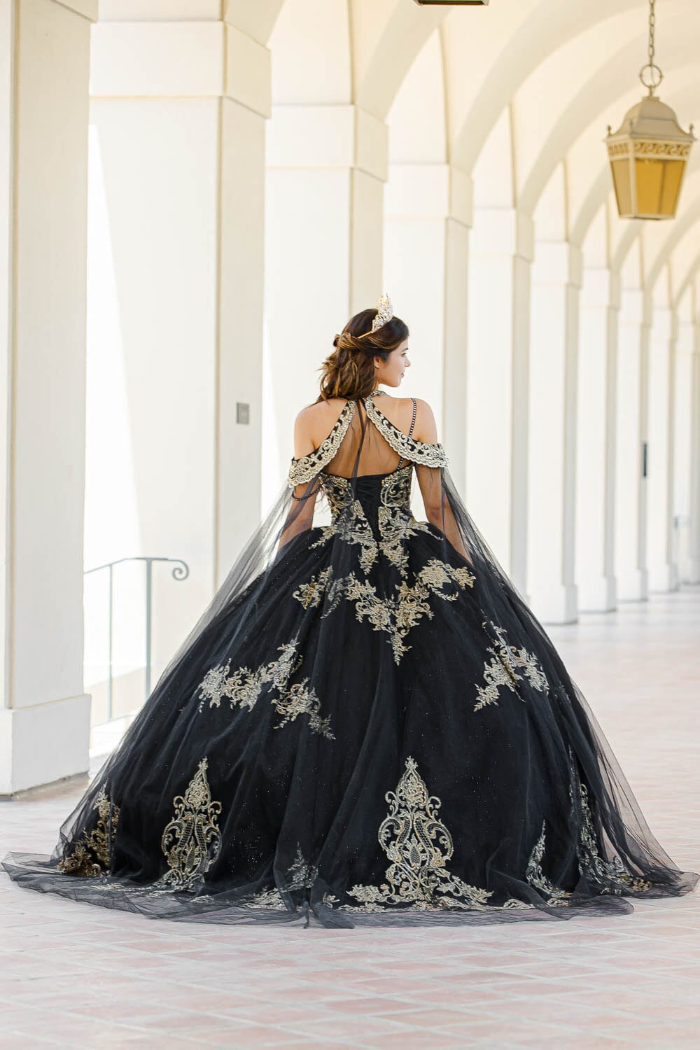 Embroidered Applique Cape Ball Gown by Petite Adele PQ1016