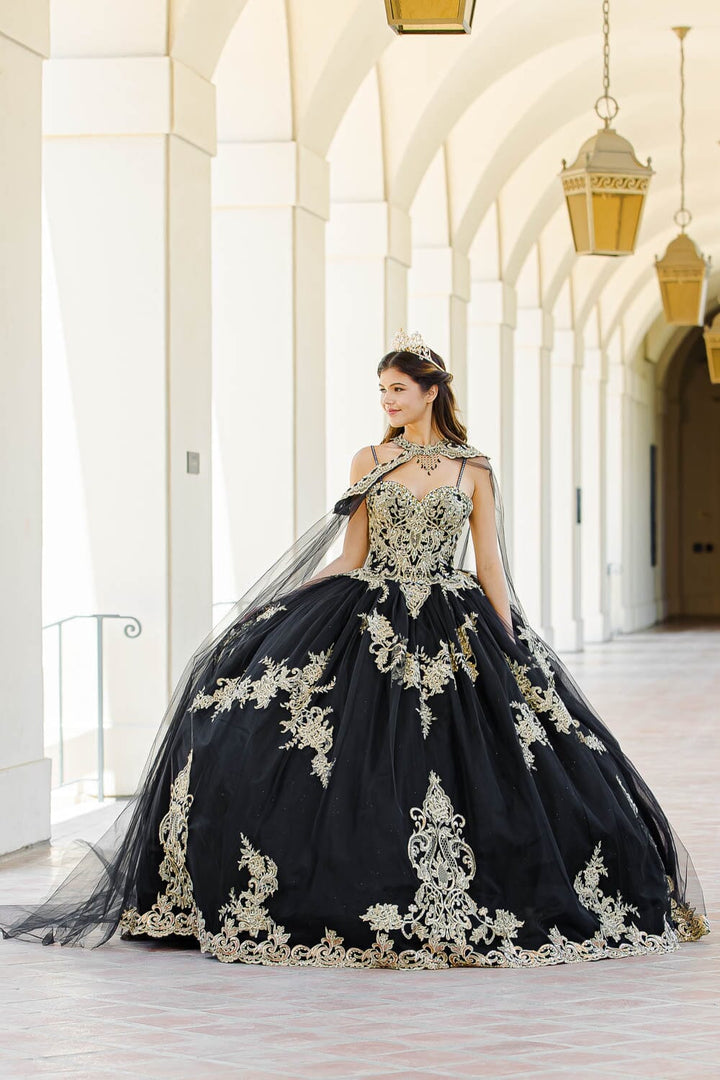 Embroidered Applique Cape Ball Gown by Petite Adele PQ1016