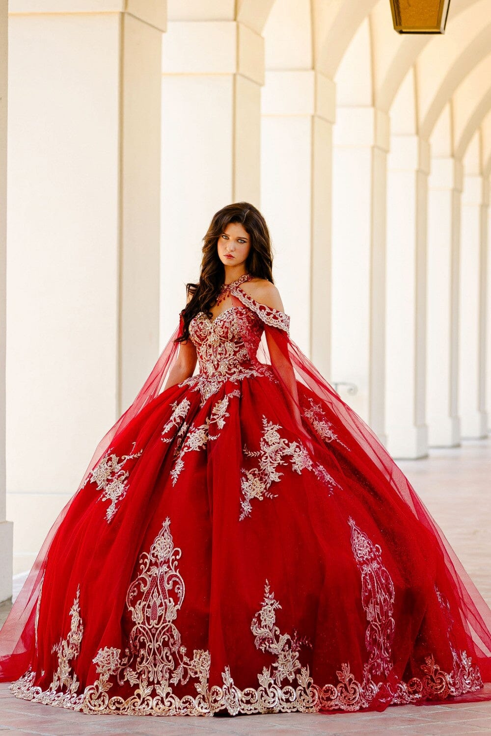 Embroidered Applique Cape Ball Gown by Petite Adele PQ1016