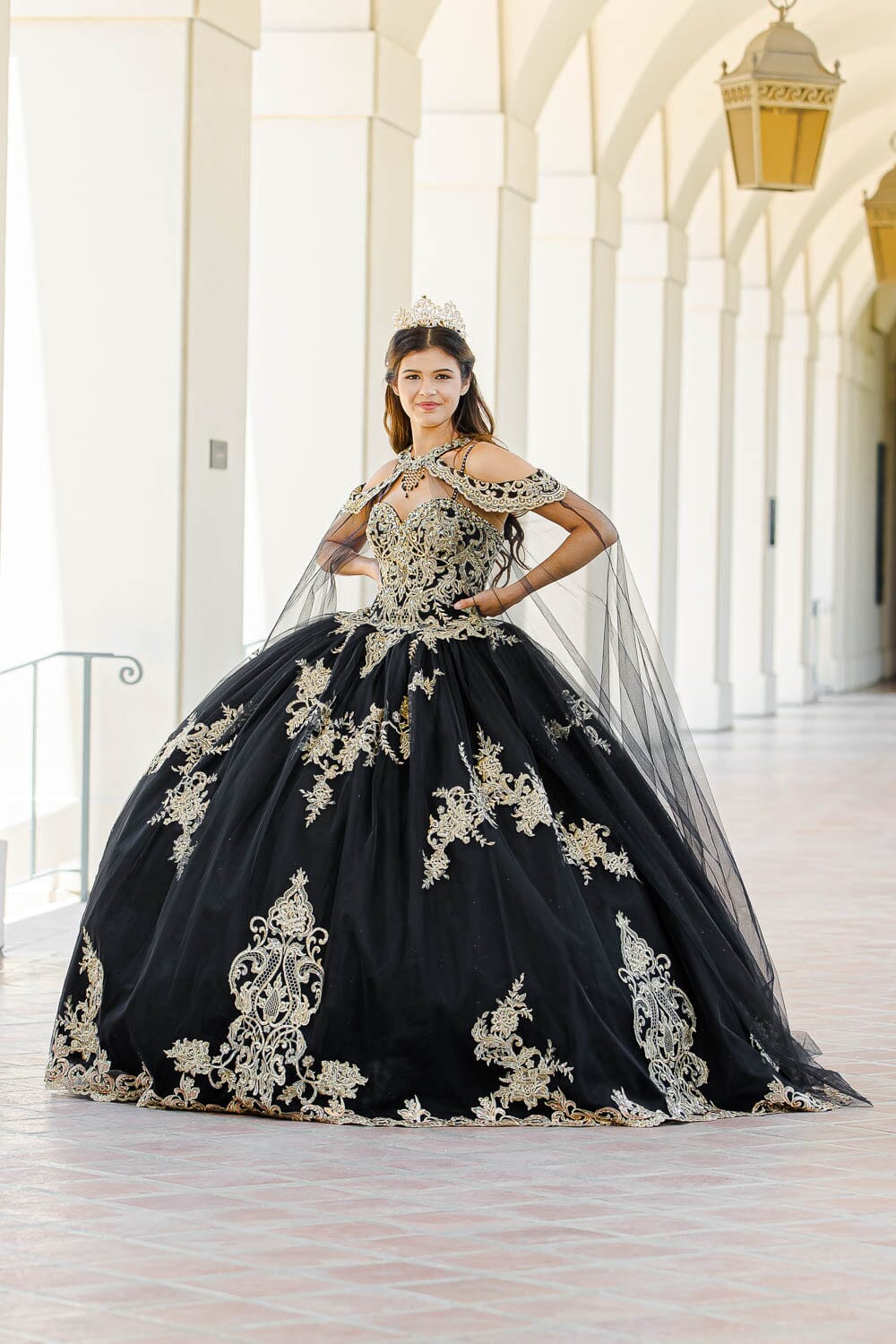 Embroidered Applique Cape Ball Gown by Petite Adele PQ1016