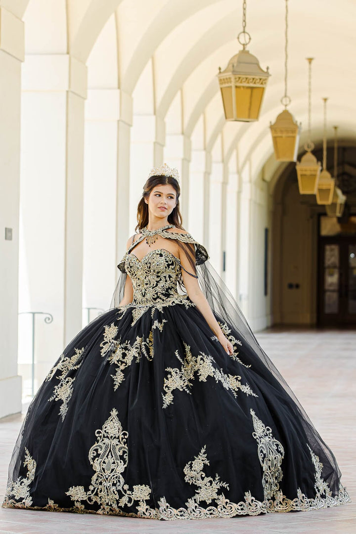 Embroidered Applique Cape Ball Gown by Petite Adele PQ1016