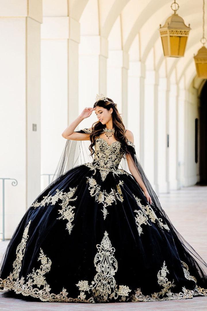 Embroidered Applique Cape Ball Gown by Petite Adele PQ1016