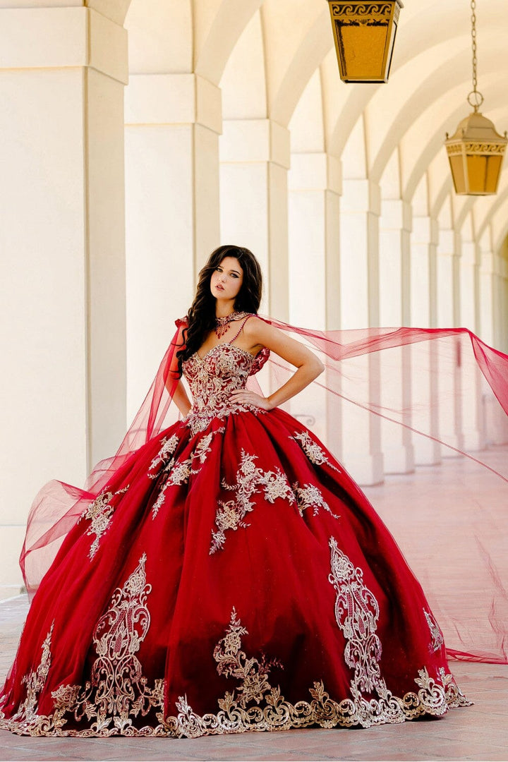 Embroidered Applique Cape Ball Gown by Petite Adele PQ1016