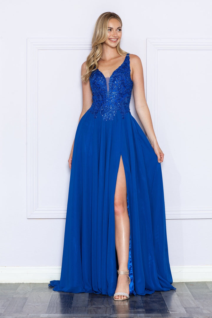 Embroidered Chiffon Sleeveless Slit Gown by Poly USA 9366
