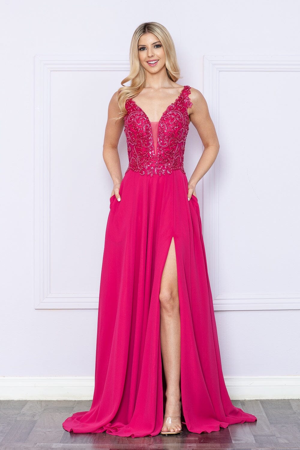 Embroidered Chiffon Sleeveless Slit Gown by Poly USA 9366