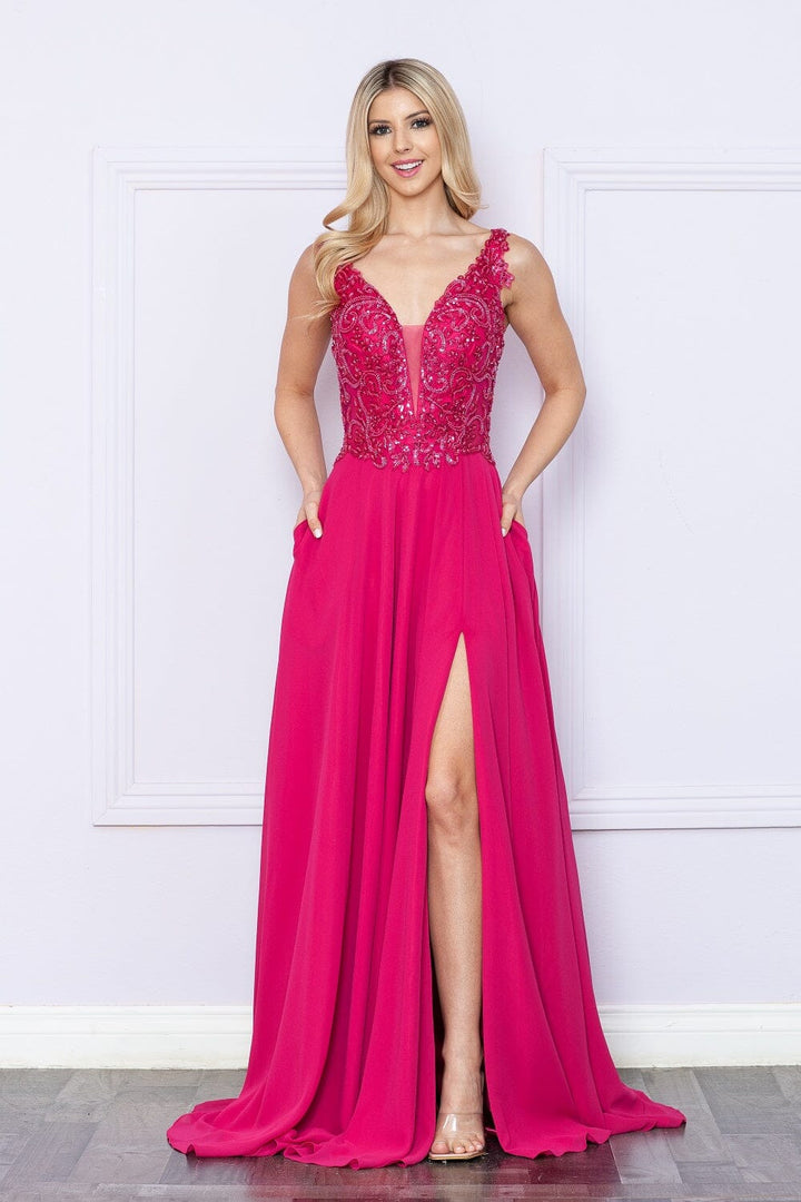 Embroidered Chiffon Sleeveless Slit Gown by Poly USA 9366