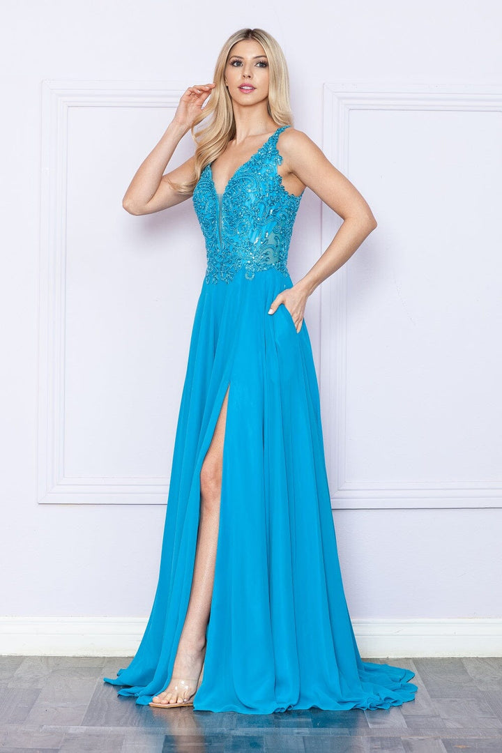 Embroidered Chiffon Sleeveless Slit Gown by Poly USA 9366