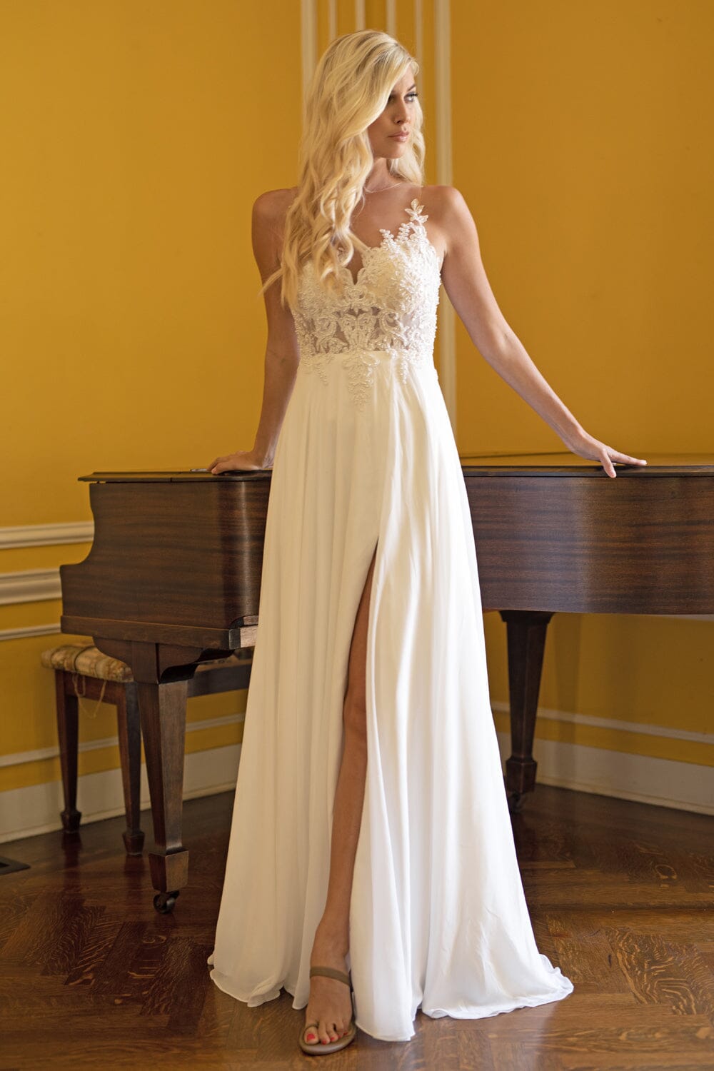 Embroidered Chiffon Slit Bridal Gown by Amelia Couture 375