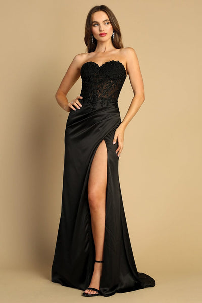 Embroidered Fitted Strapless Slit Gown by Adora 3161