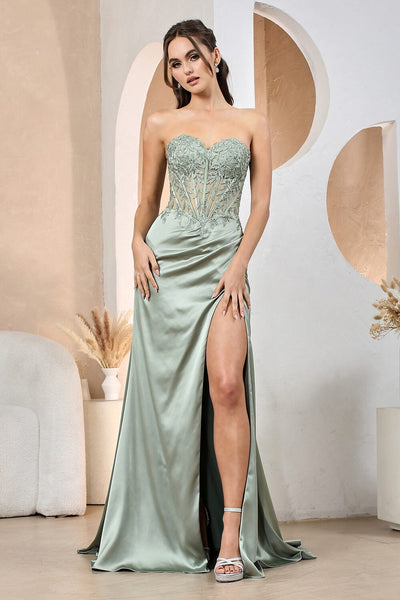 Embroidered Fitted Strapless Slit Gown by Adora 3161