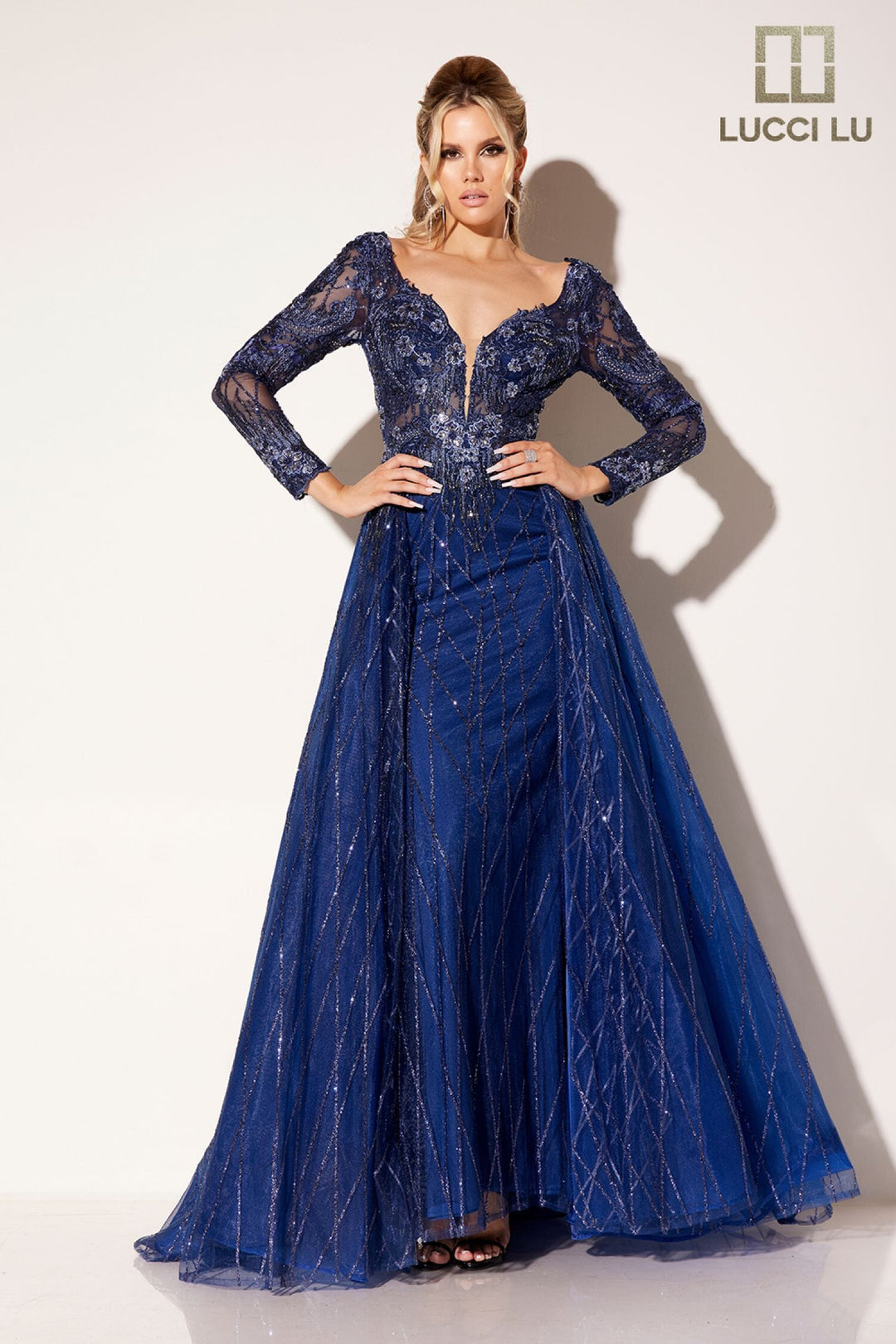 Lucci Lu C8076 Dress | Embroidered Long Sleeve A-line Gown Online Navy / 6
