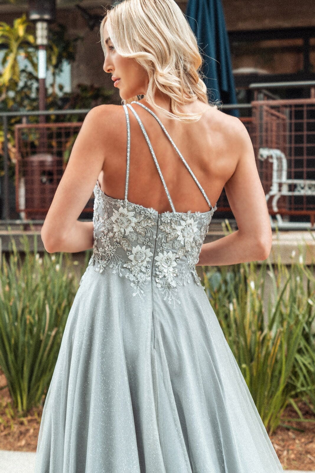 Embroidered One Shoulder A-line Gown by GLS Gloria GL3384 L / Silver Embroidered One Shoulder A-line Gown by GLS Gloria GL3384 L / Silver