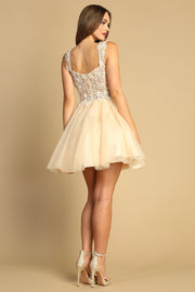 Embroidered Short Sheer Corset A-line Dress by Adora 1045