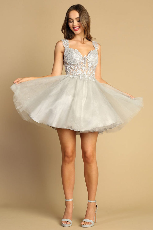 Embroidered Short Sheer Corset A-line Dress by Adora 1045