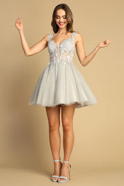 Embroidered Short Sheer Corset A-line Dress by Adora 1045