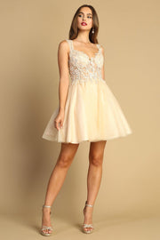 Embroidered Short Sheer Corset A-line Dress by Adora 1045