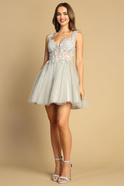 Embroidered Short Sheer Corset A-line Dress by Adora 1045