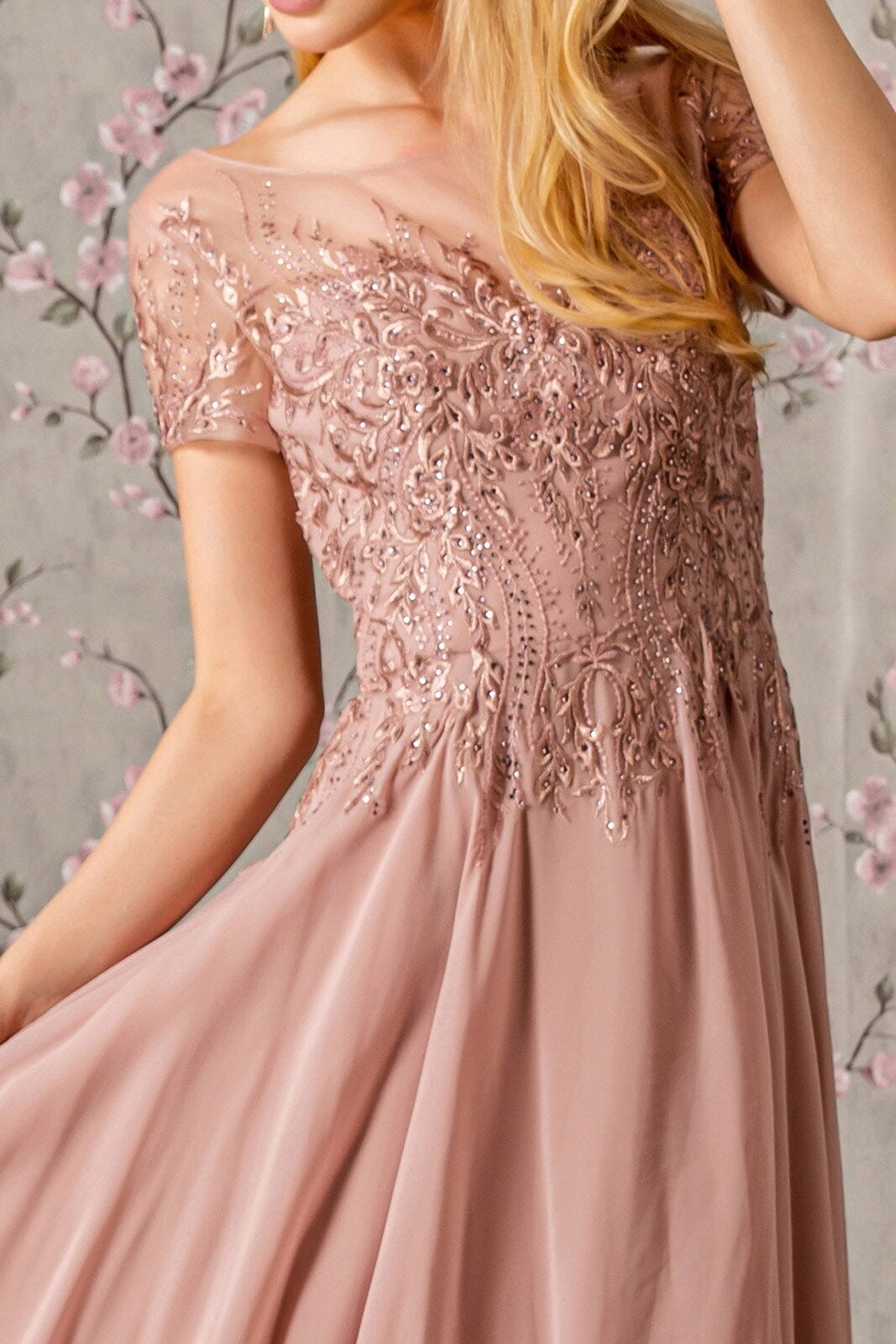 Embroidered Short Sleeve A-line Gown by GLS Gloria GL3362 4XL / Charcoal Embroidered Short Sleeve A-line Gown by GLS Gloria GL3362 4XL / Charcoal