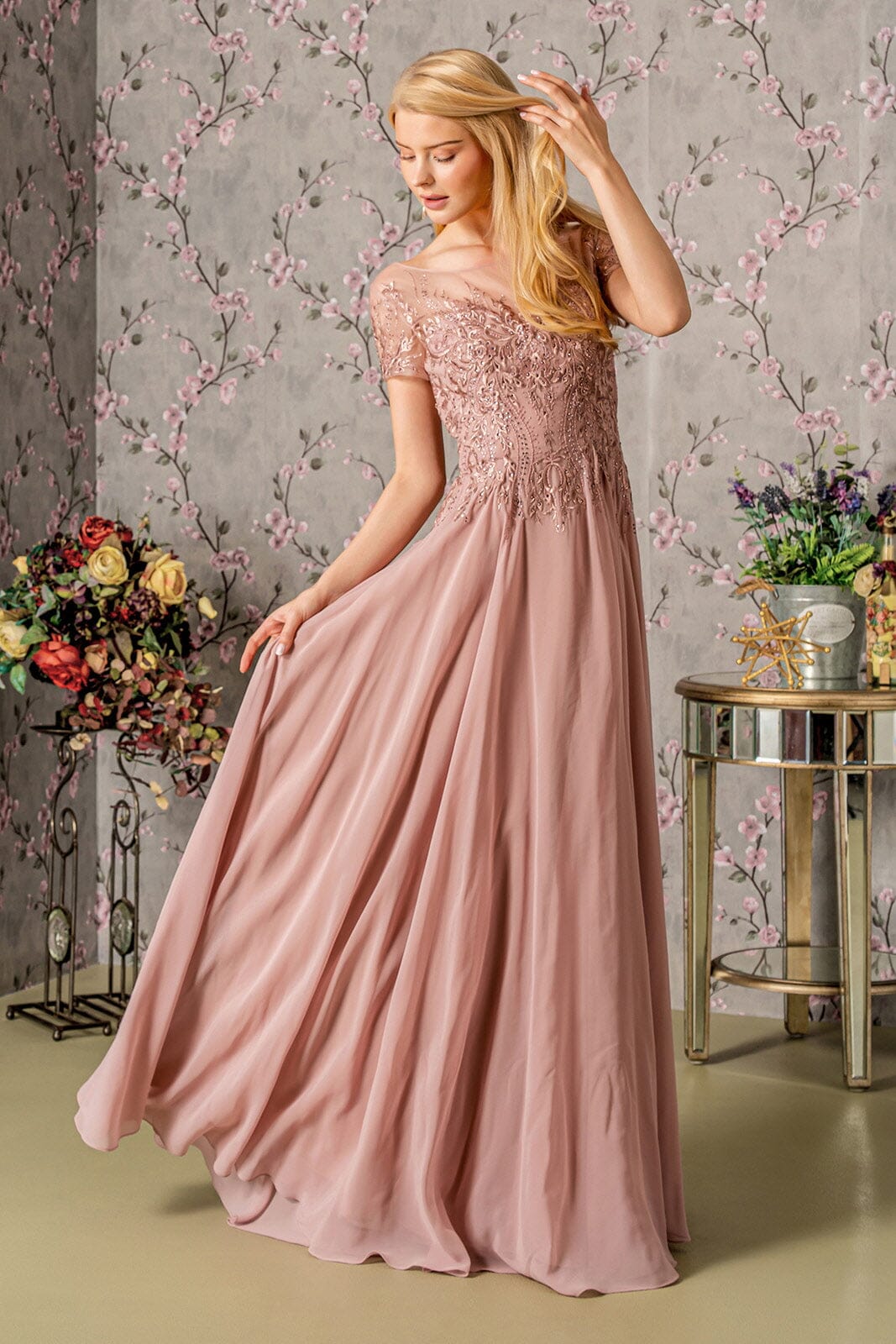 Embroidered Short Sleeve A-line Gown by GLS Gloria GL3362 4XL / Dusty Rose