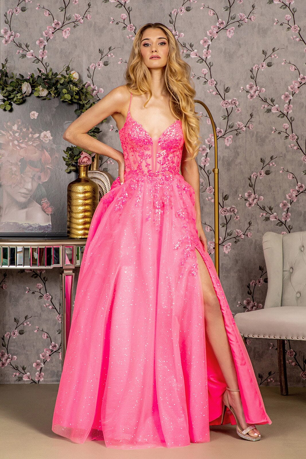 Embroidered Sleeveless Glitter Slit Gown by GLS Gloria GL3218