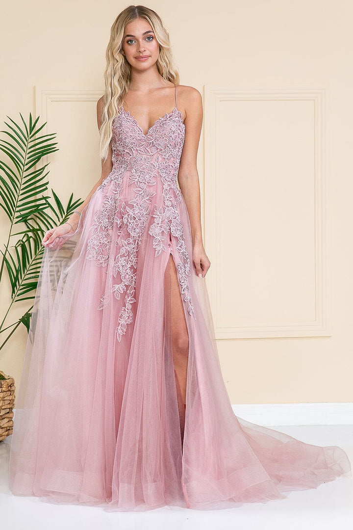 Embroidered V-Neck Slit Gown by Amelia Couture BZ014