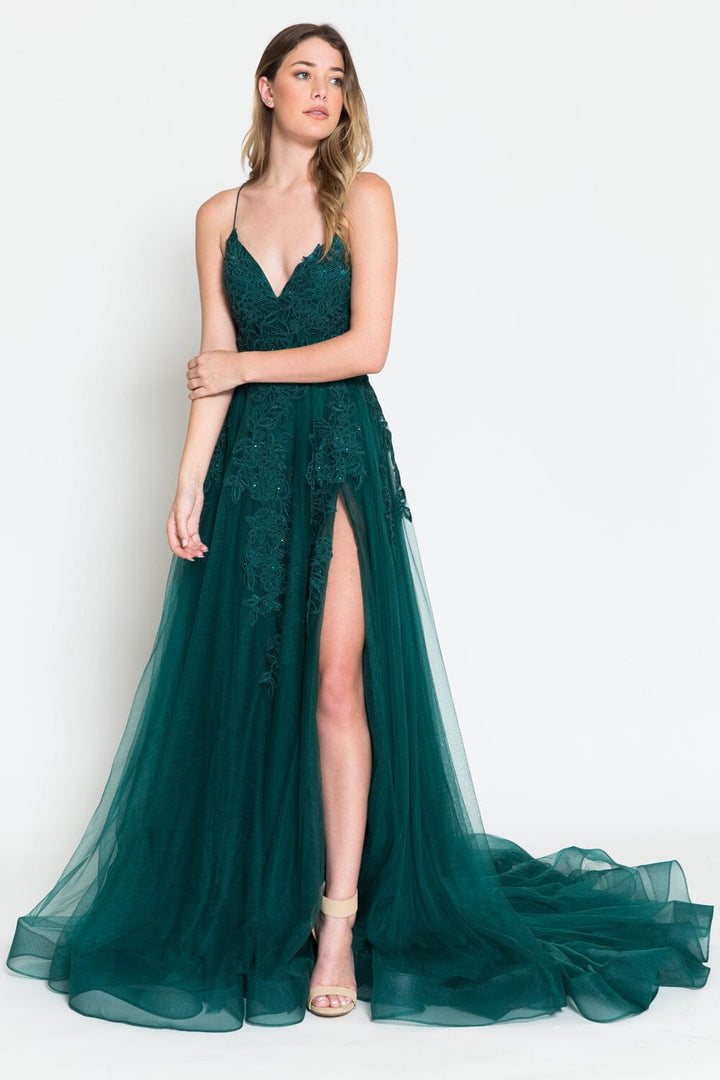 Embroidered V-Neck Slit Gown by Amelia Couture BZ014