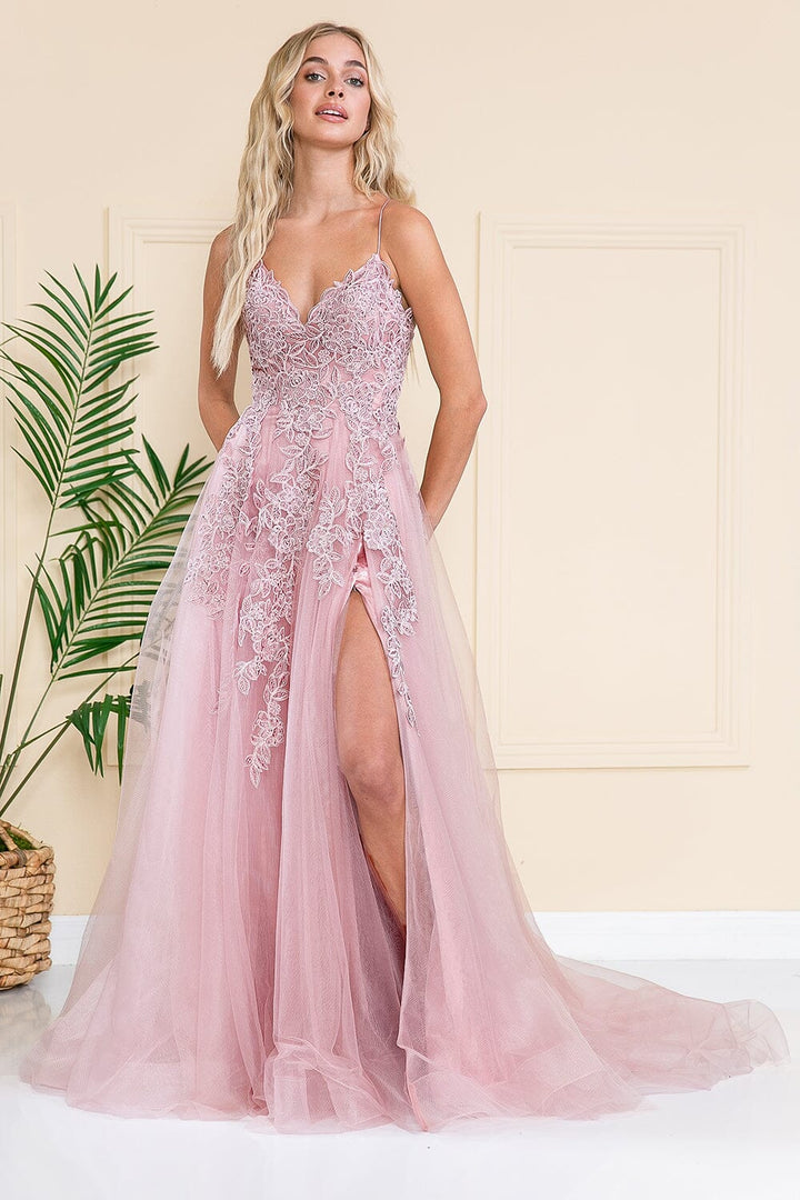 Embroidered V-Neck Slit Gown by Amelia Couture BZ014