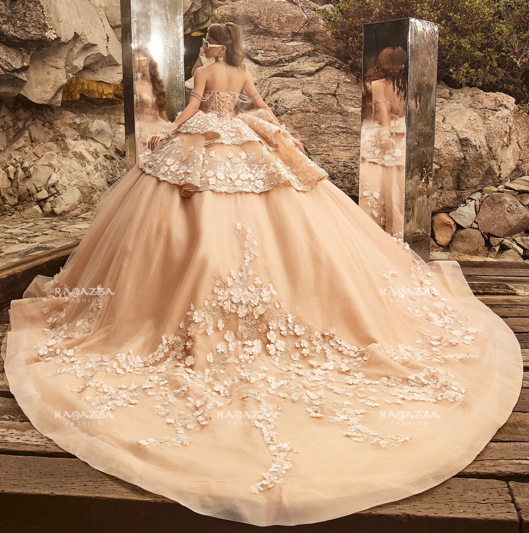 Floral Applique Quinceanera Dress by Ragazza EV91-691 7 / Makeup/Gold