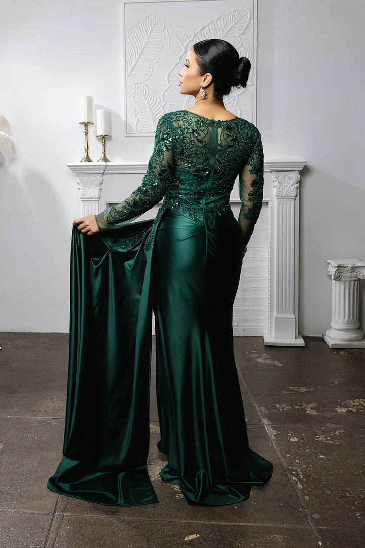 Applique Satin Long Sleeve Gown by May Queen MQ2172