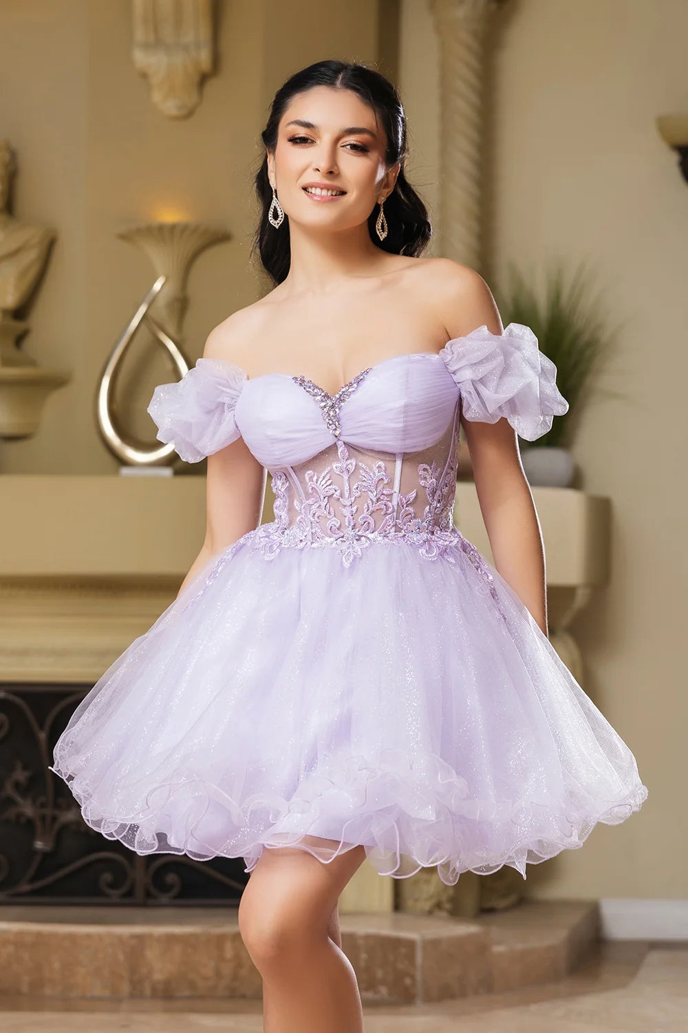 Short Off Shoulder Ruffled Dress by May Queen MQ2164