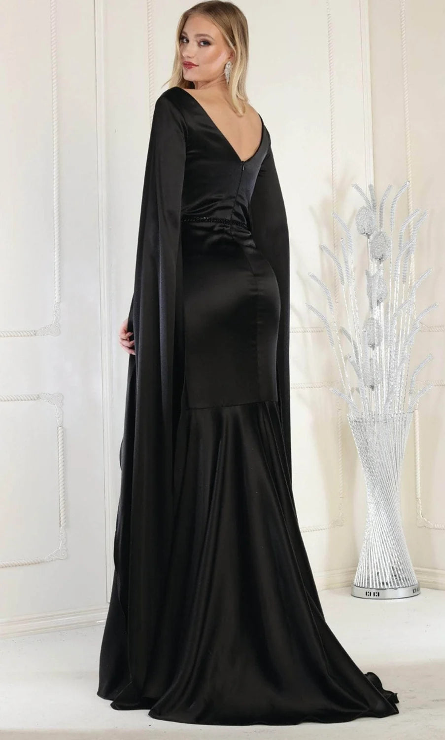 Satin Fitted Cape Sleeve Gown by May Queen RQ7961