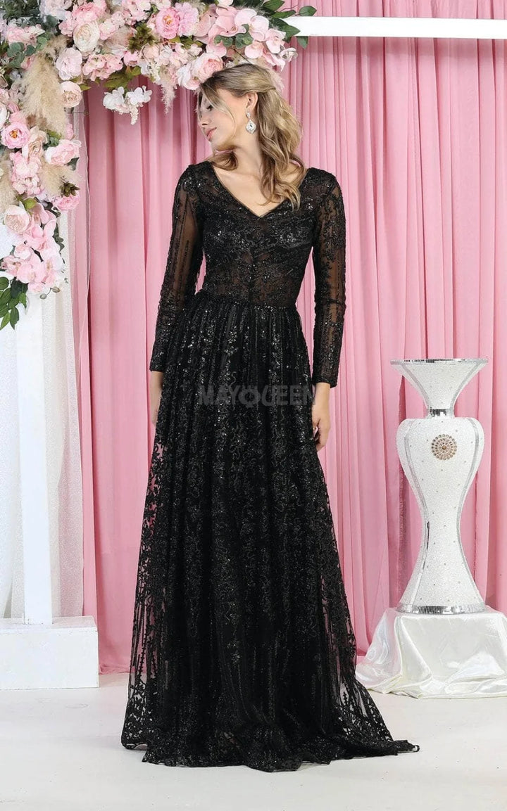 Glitter Long Sleeve A-line Gown by May Queen RQ7920
