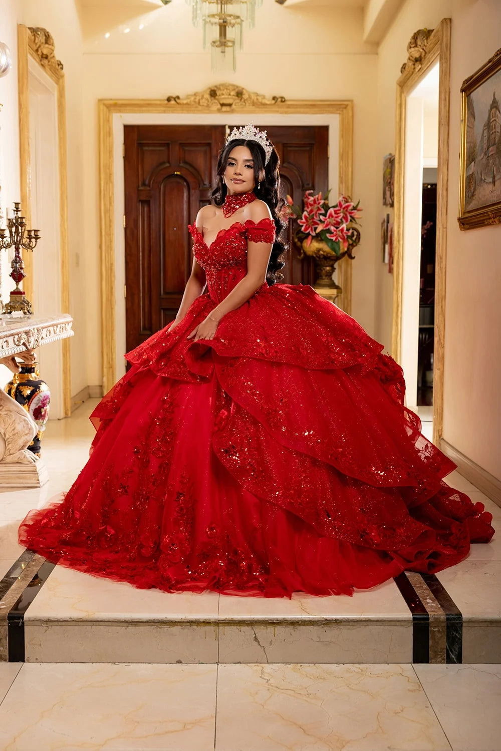 Off Shoulder Layered Ball Gown by May Queen LK298